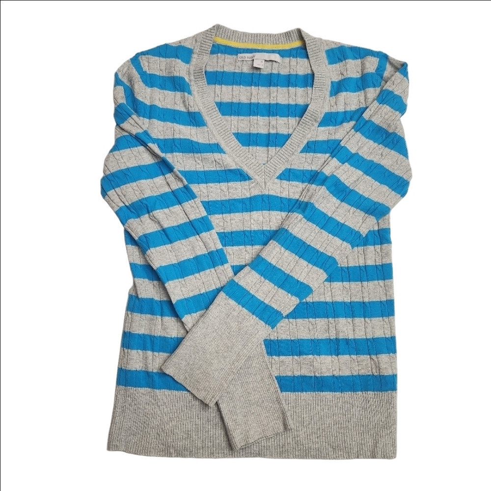 3/$25 Old Navy lightweight v neck sweater gray/turquoise ribbed size Medium